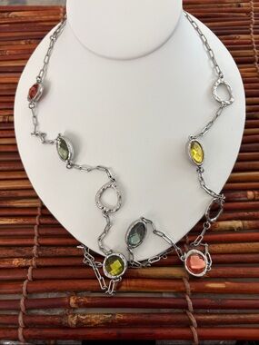 Lia Sophia Silver-Tone Long Necklace with Yellow, Green and Peach Stones 42”-46”